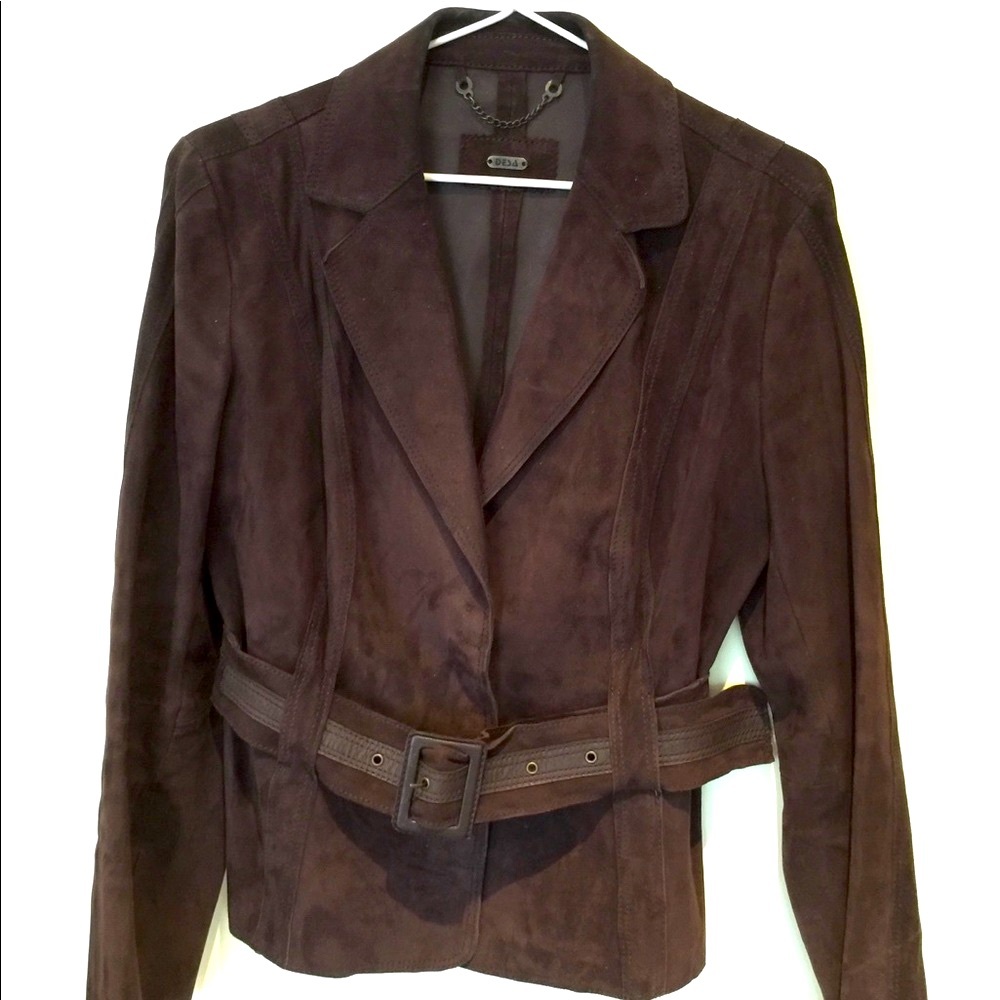 DESA cocoa brown real Suede Leather Blazer jacket suede belt snap closure US L